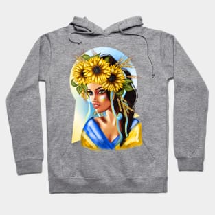 Ukrainian woman with national flag with wheat and flowers Hoodie